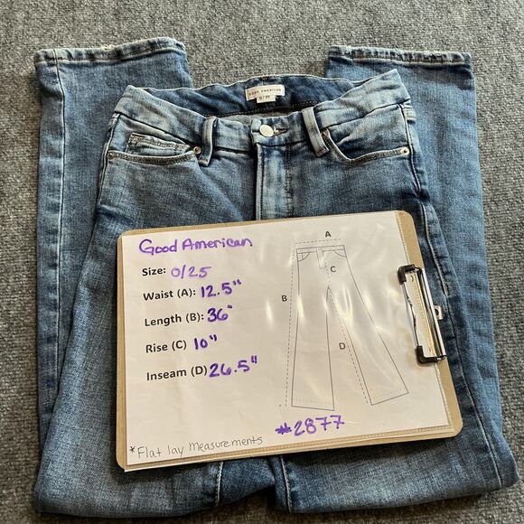 Good American Denim - Good American Midrise Straight Jeans Womens 0/25 Light Blue Distressed Denim